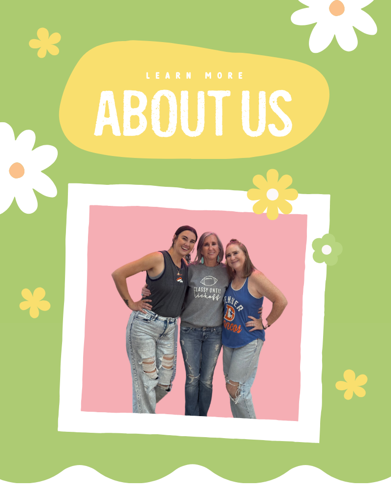 About Us" graphic featuring a green background with white and yellow flowers, and a large yellow bubble reading “Learn More About Us.” In the center, there's a photo of three women smiling and posing together, wearing casual outfits with ripped jeans and graphic tank tops, framed by a white border on a pink backdrop—representing the family behind Three Blessed Gems boutique.