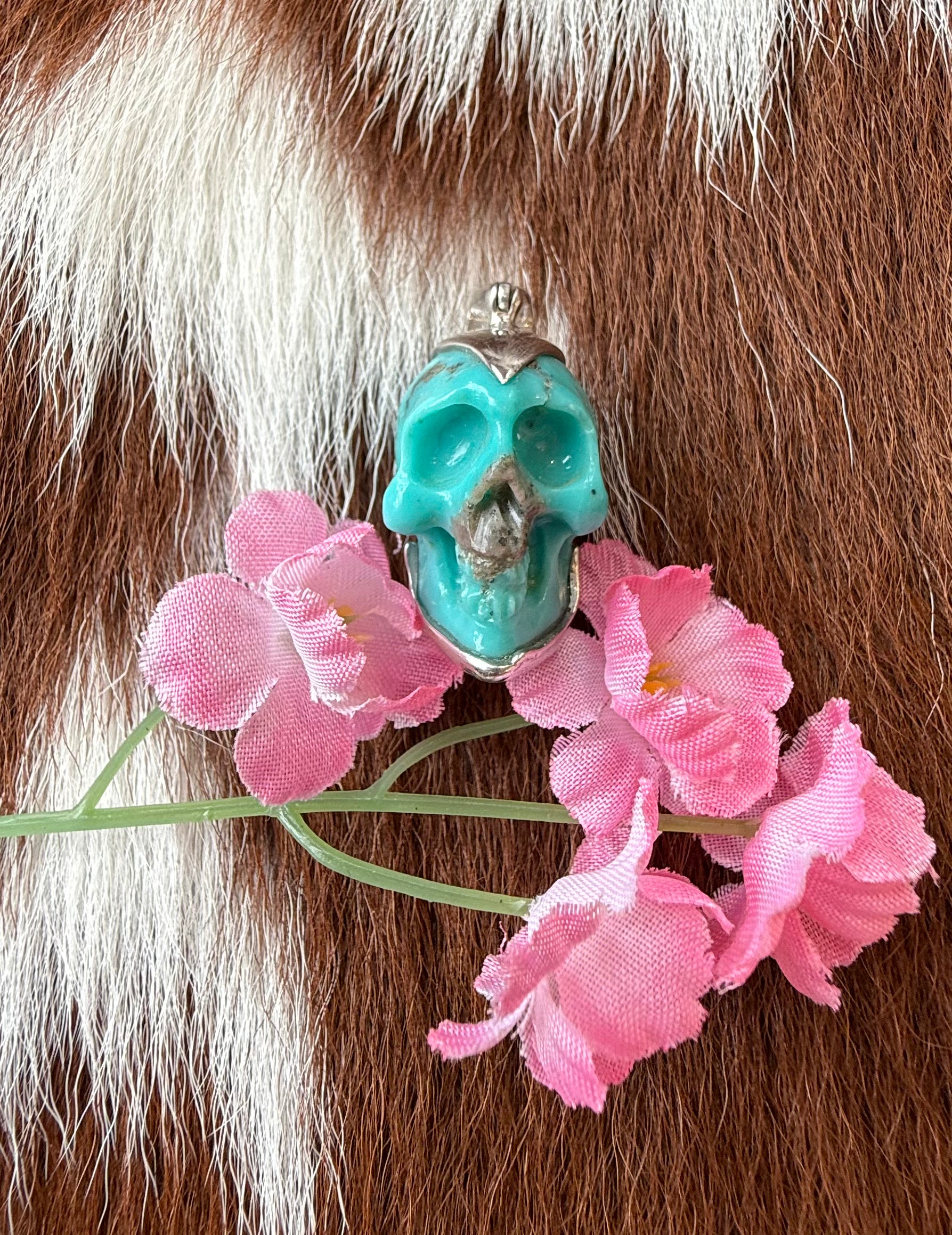 Turquoise Hand Carved Skull Sterling Silver Pendant