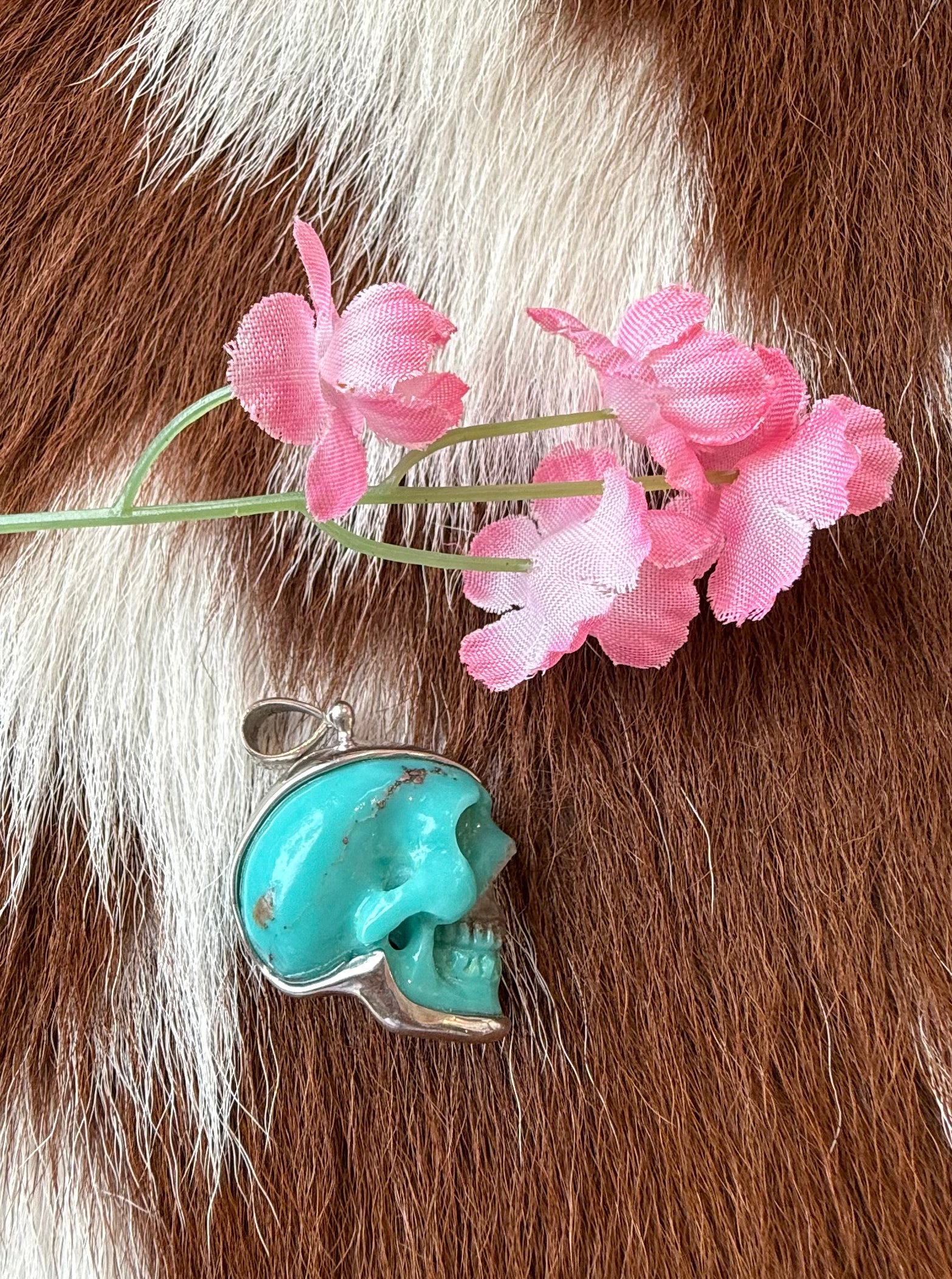 Turquoise Hand Carved Skull Sterling Silver Pendant