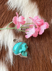Turquoise Hand Carved Skull Sterling Silver Pendant