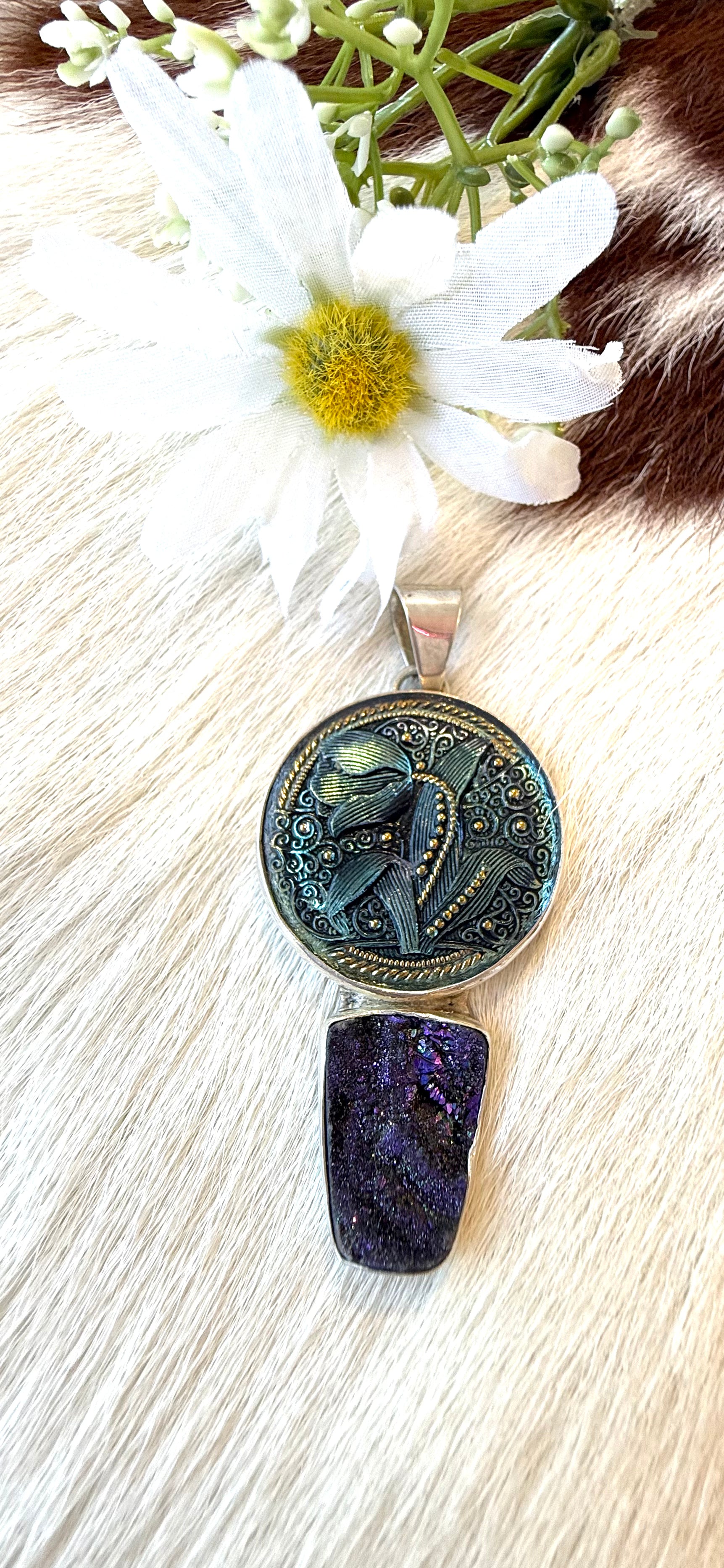 Sterling Silver Depression Button and Purple Druzy Pendant