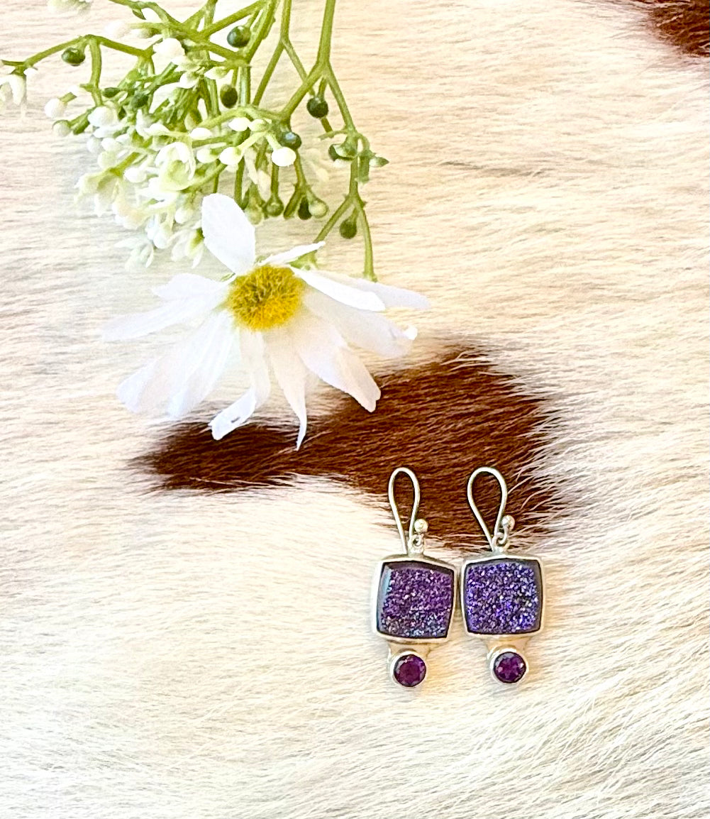 Sterling Silver Purple Druzy and Amethyst Earring
