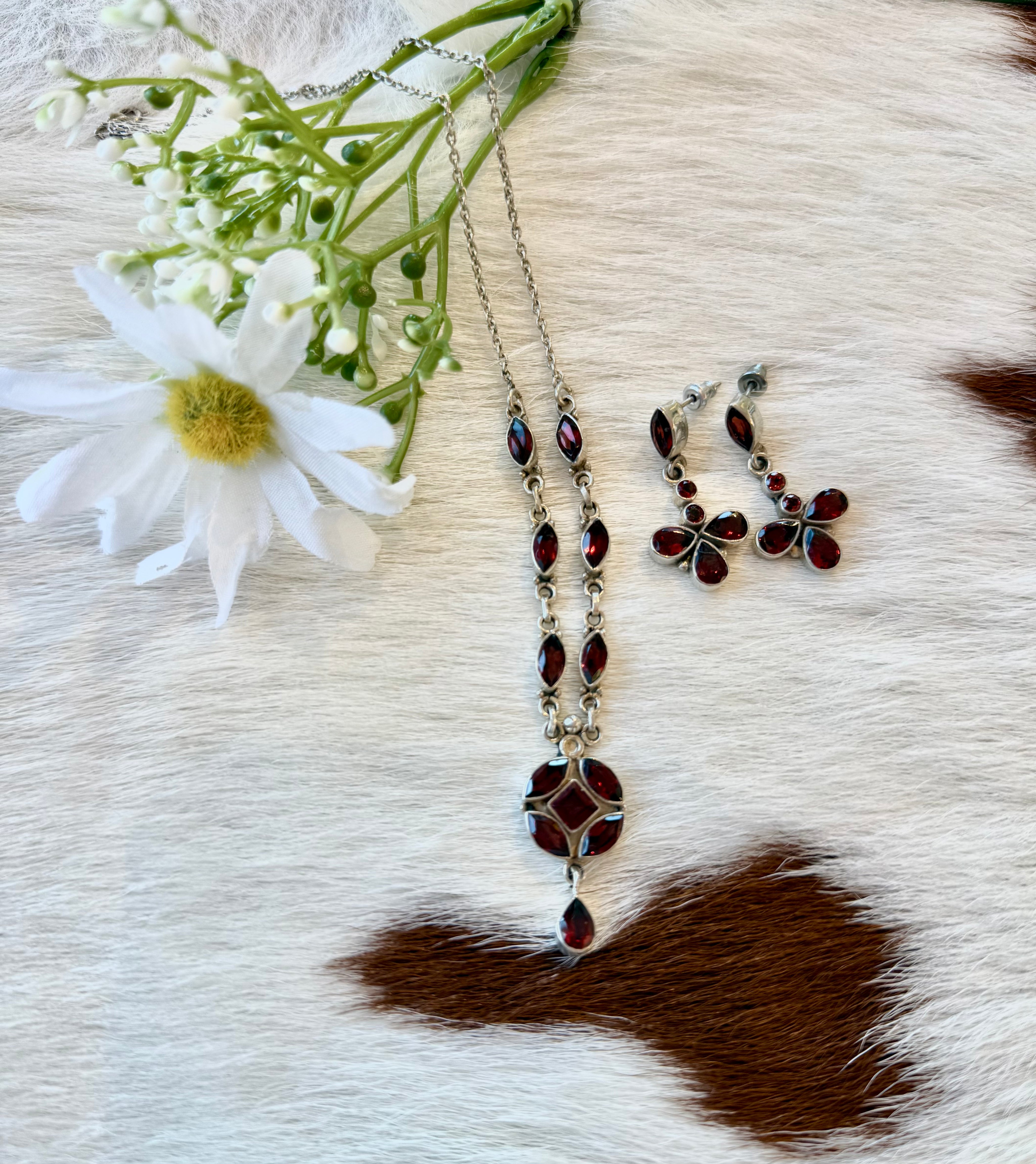 Sterling Silver Garnet Necklace Earring Set