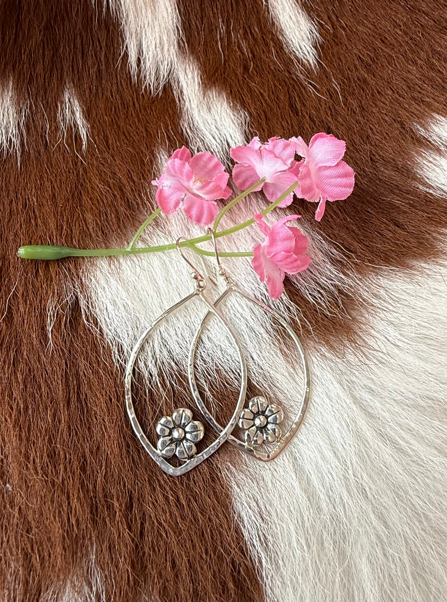 Sterling Silver Tear Drop Hoop W/Flower Earring