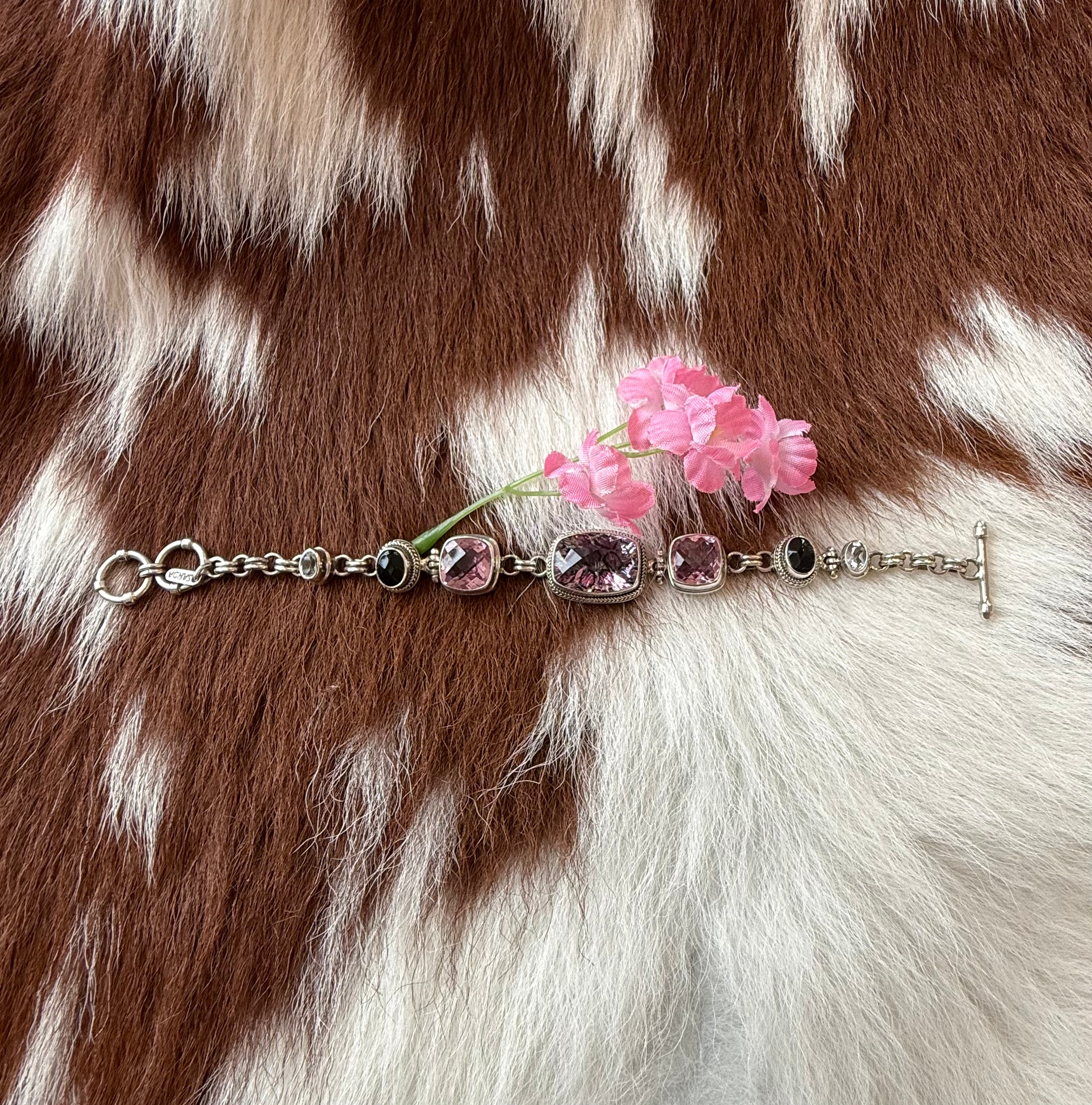 Sterling Silver Leopard Print Pink Fluorite Black Onyx White Topaz Bracelet