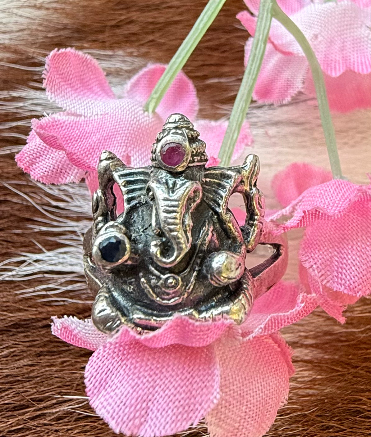 Sterling Silver Ganesh W/ Ruby and Sapphire Ring