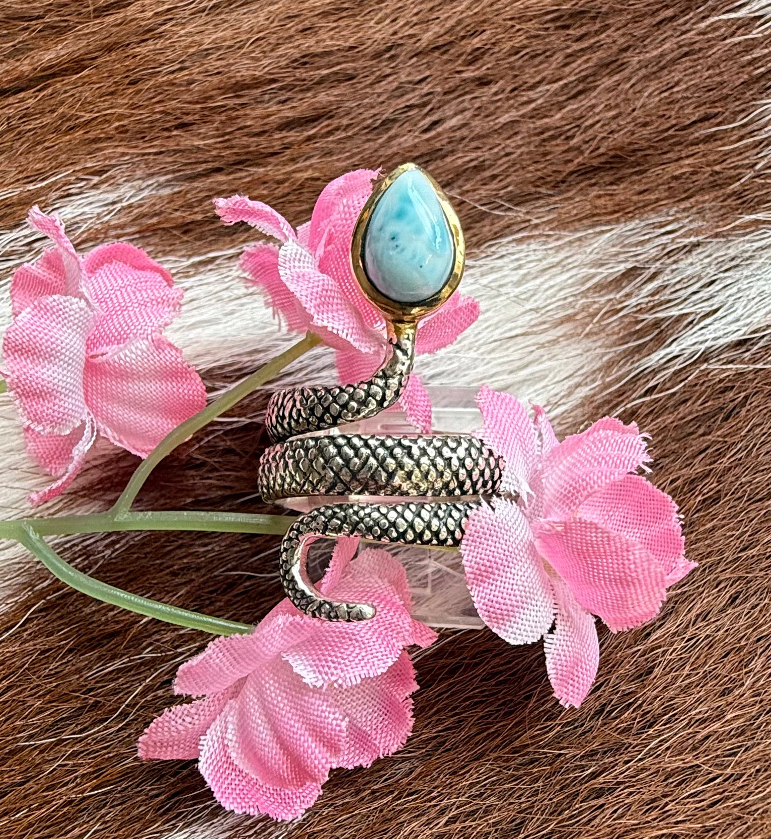 Gold and Sterling Silver Larimar Snake Ring