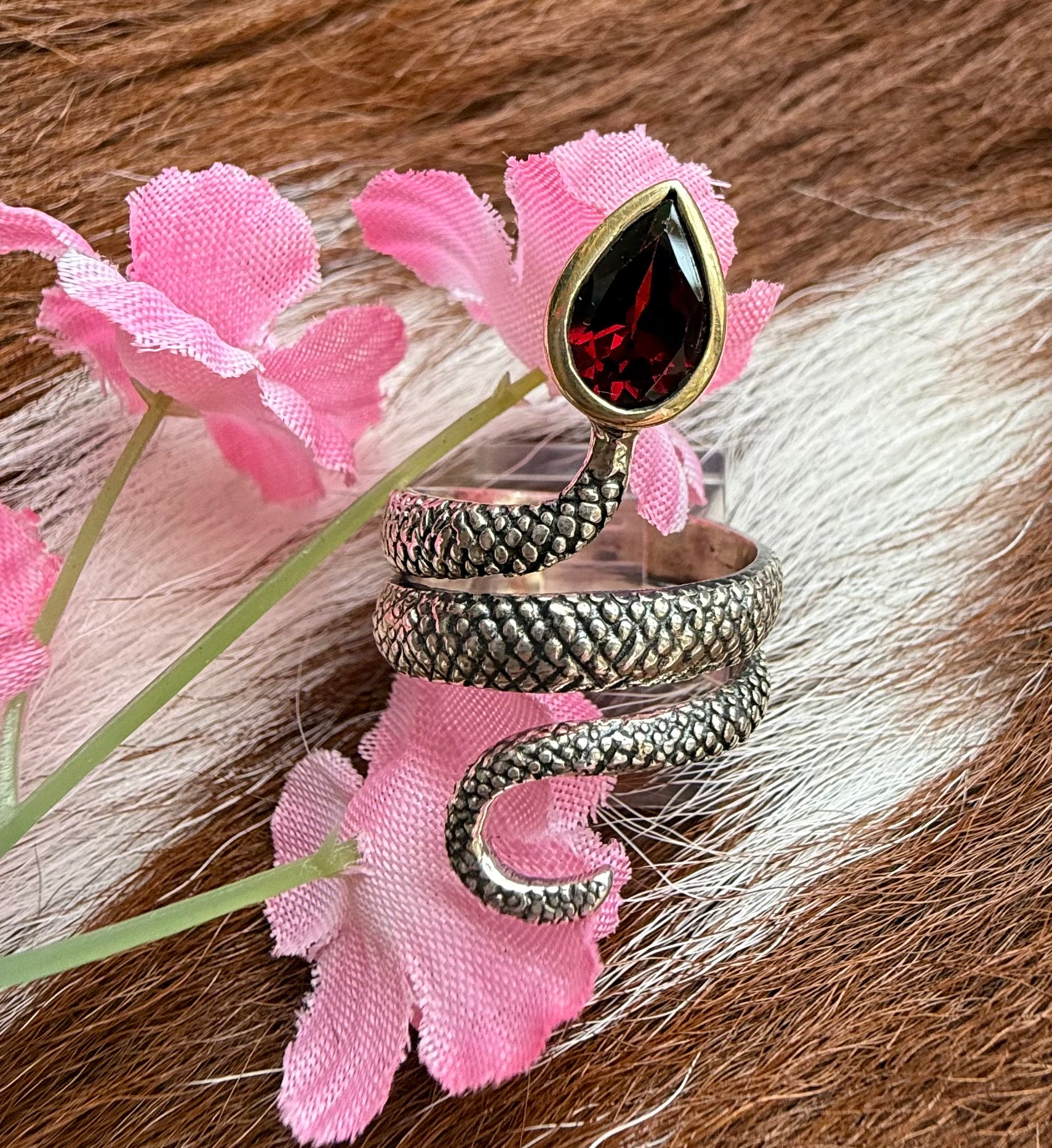 Gold and Sterling Silver Garnet Snake Ring