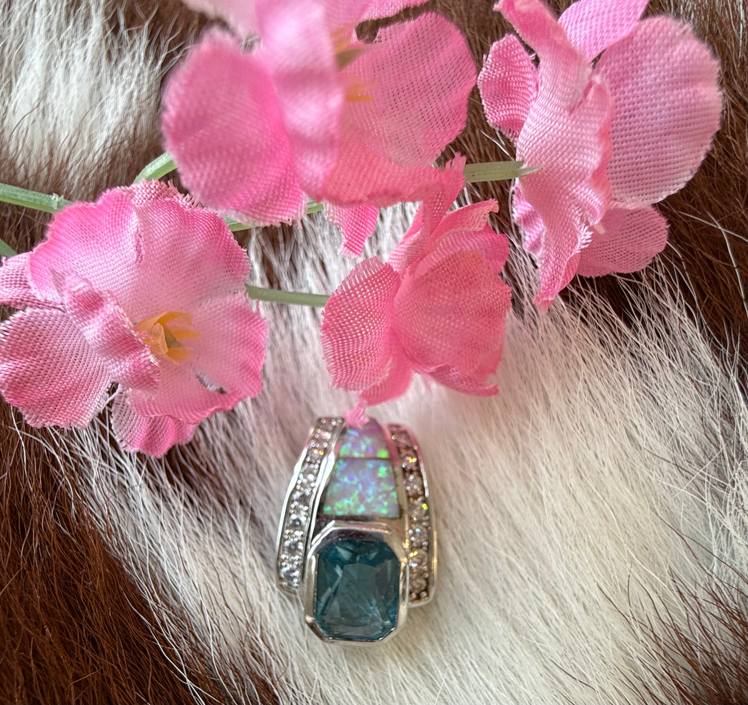 Sterling Silver Cz Opal Blue Topaz Pendant