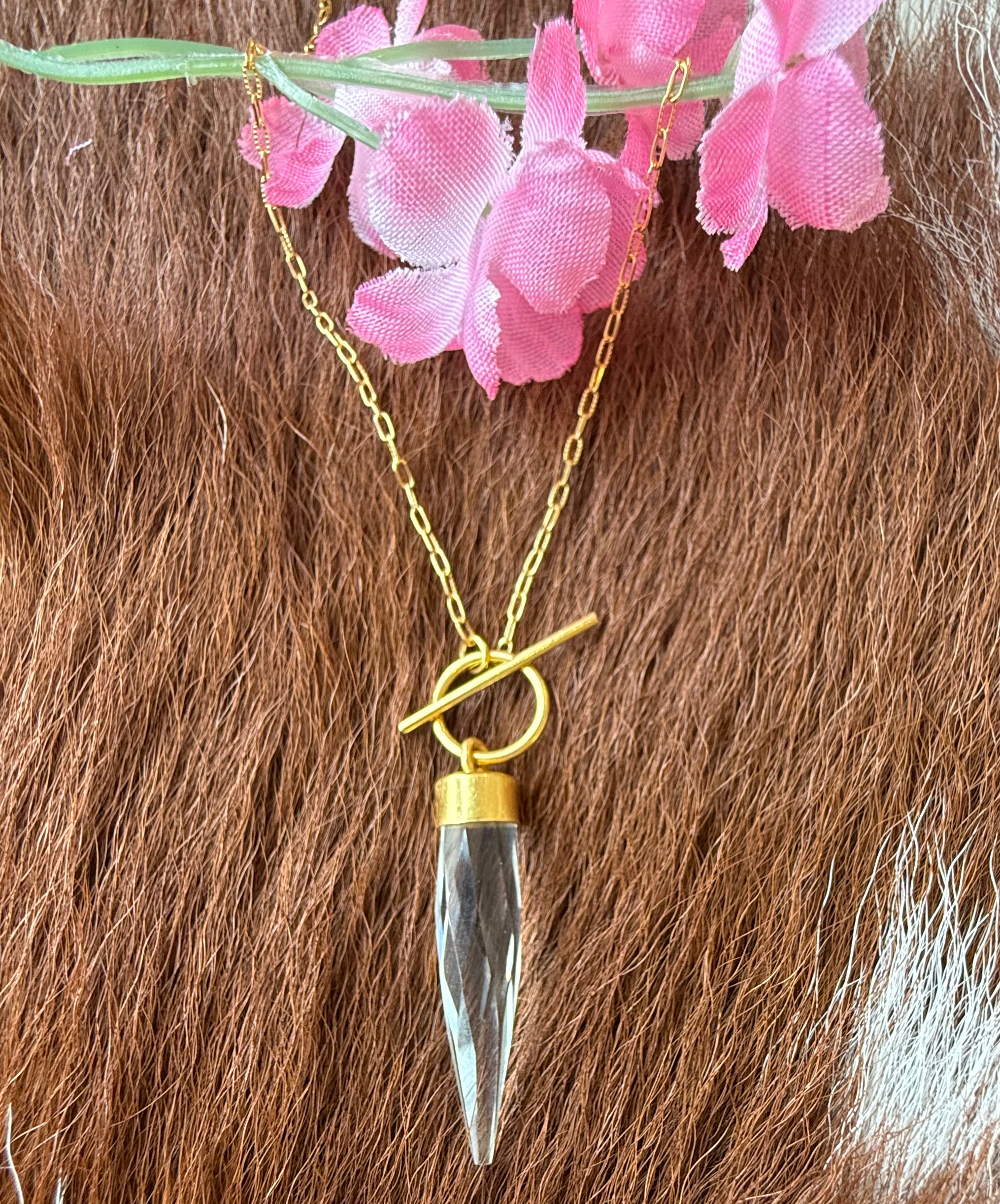 14k Gold Over Sterling Silver Clear Quartz Faceted Crystal Point Necklace