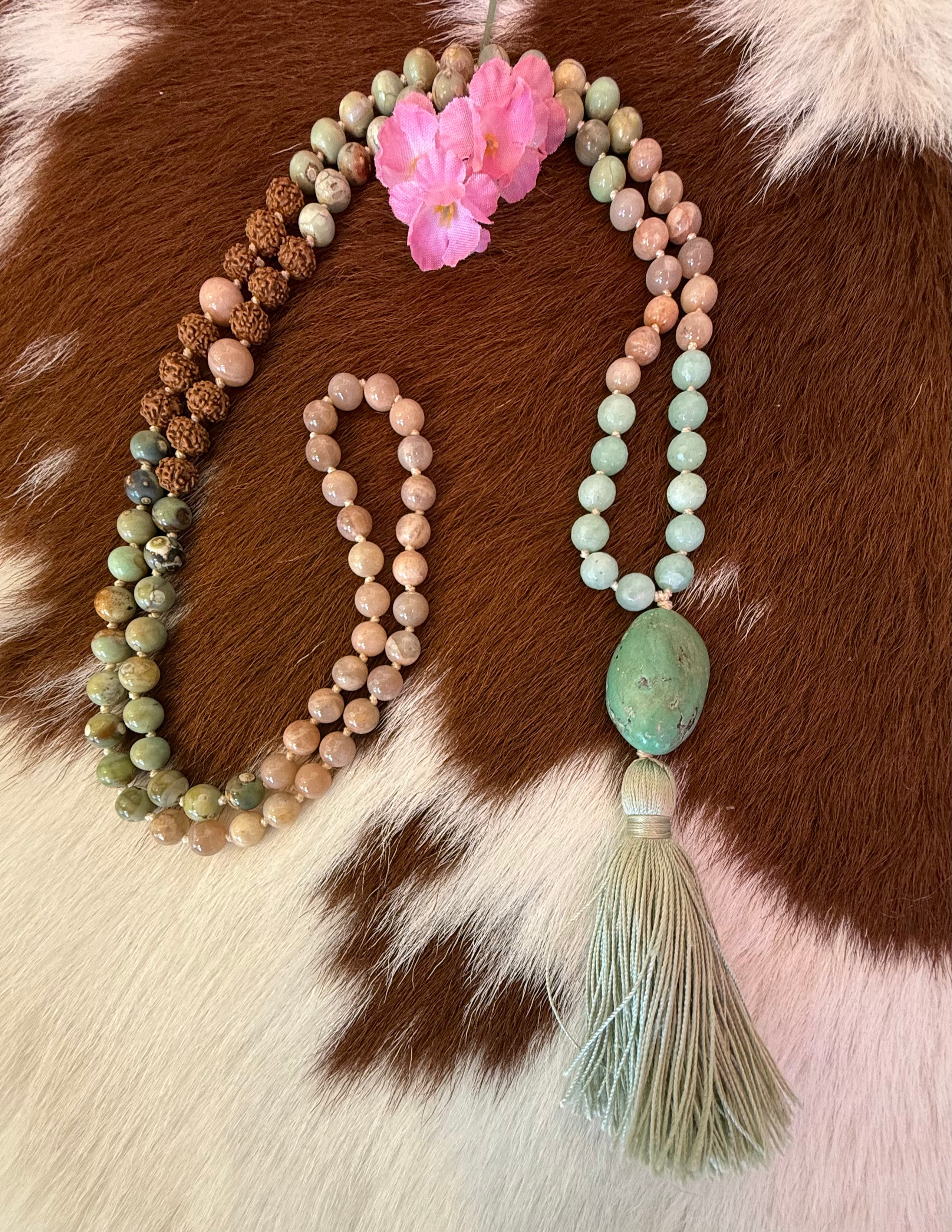 Turquoise, Peach Moonstone, Impression Jasper and Burma Jade Mala Necklace