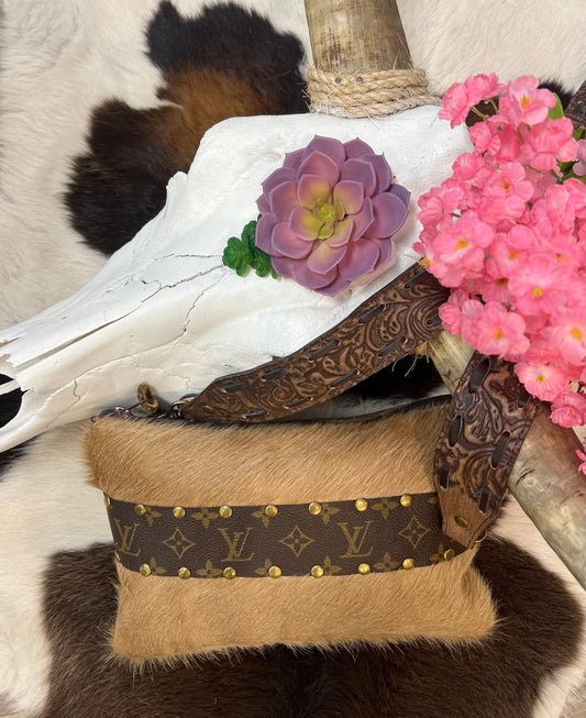 Up-Cycled Louis Vuitton Cowhide Hand Tooled Crossbody Bag