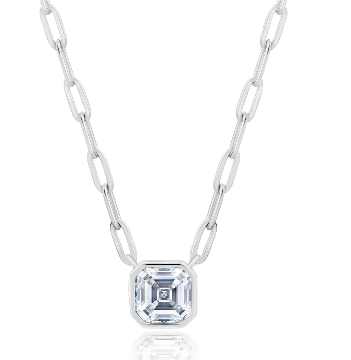 Solitaire Bezel Set Asscher Stud Necklace Paperclip Chain