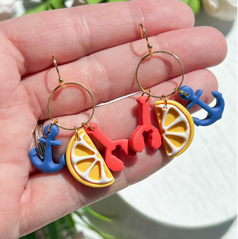 Lobster Lemon and Anchor Polymer Clay Earring