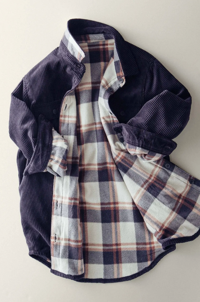 Plaid shirt with dark blue collar and sleeves on a light background