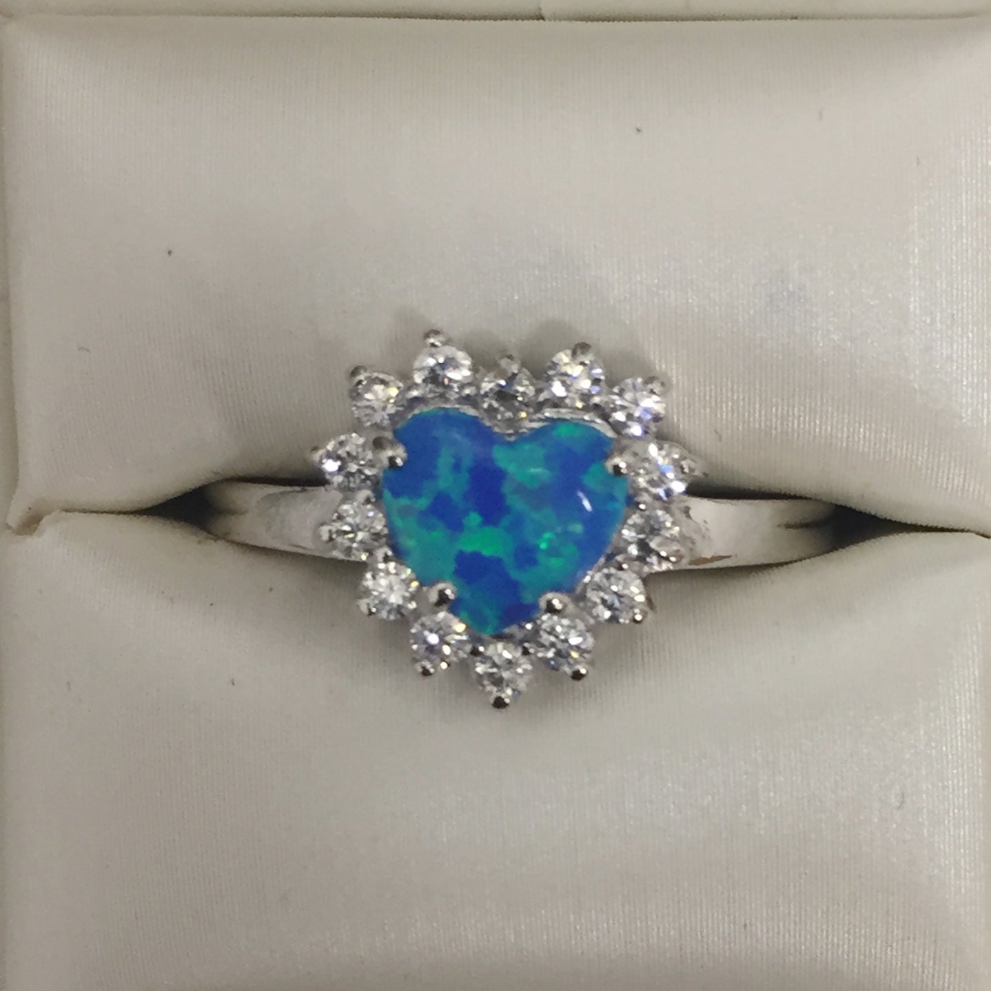 Blue opal and CZ Heart Silver Ring