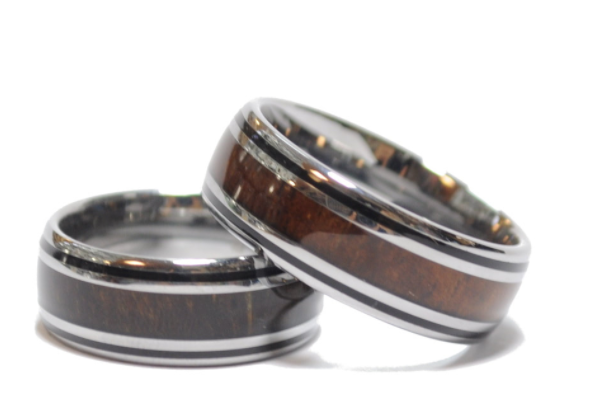 Koa Wood Silver Black Tungsten Ring