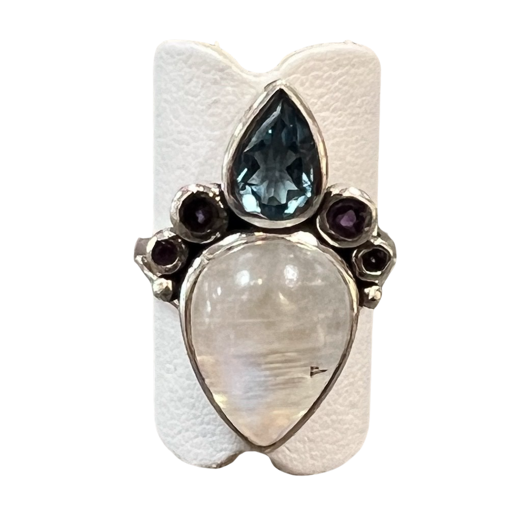Sterling Silver Moonstone Blue Topaz Pink Tourmaline Ring - Premium Rings from Precious Treasures - Just $115! Shop now at Three Blessed Gems