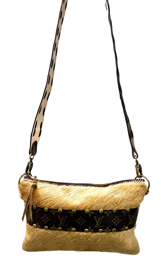 Up-Cycled Louis Vuitton Cowhide Hand Tooled Crossbody Bag