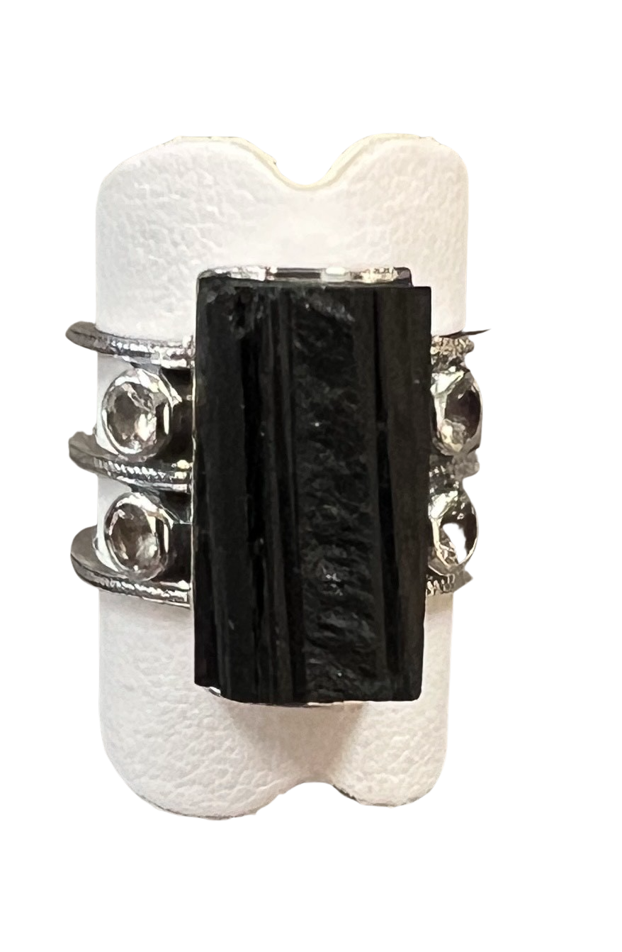 Sterling Silver Black Tourmaline White Topaz Ring - Premium Rings from Precious Treasures - Just $89! Shop now at Three Blessed Gems