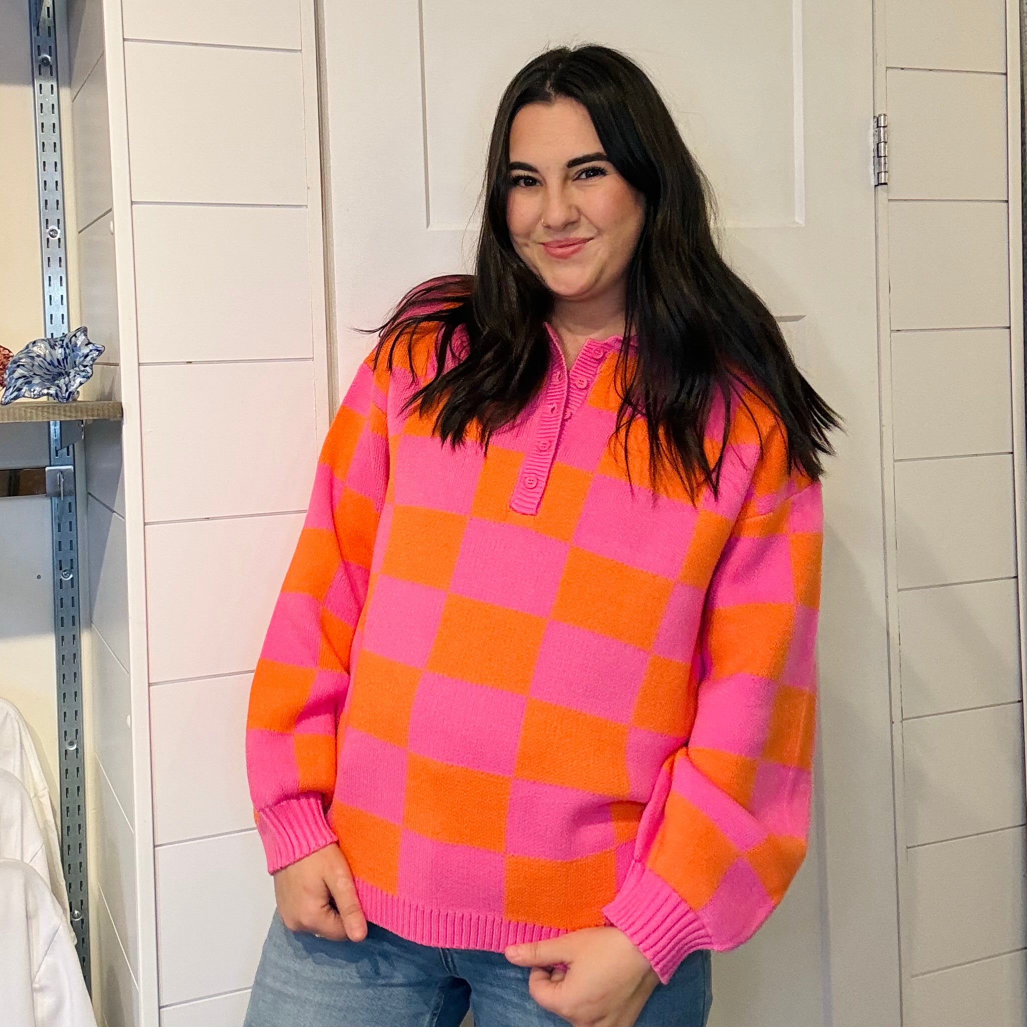 Pink Punch Gingham Polo Sweater