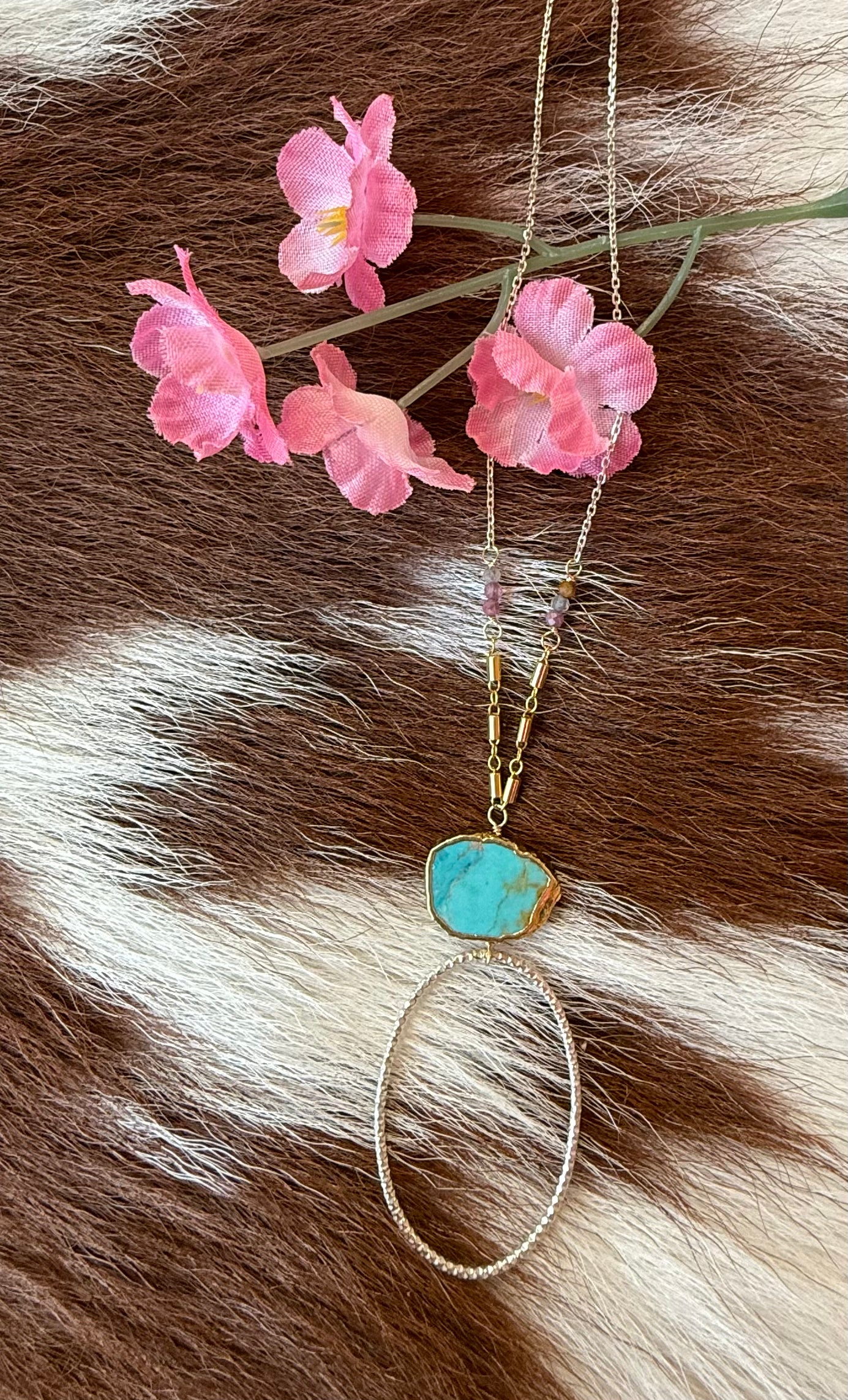 Turquoise Pink Tourmaline Gold Fill Silver Necklace