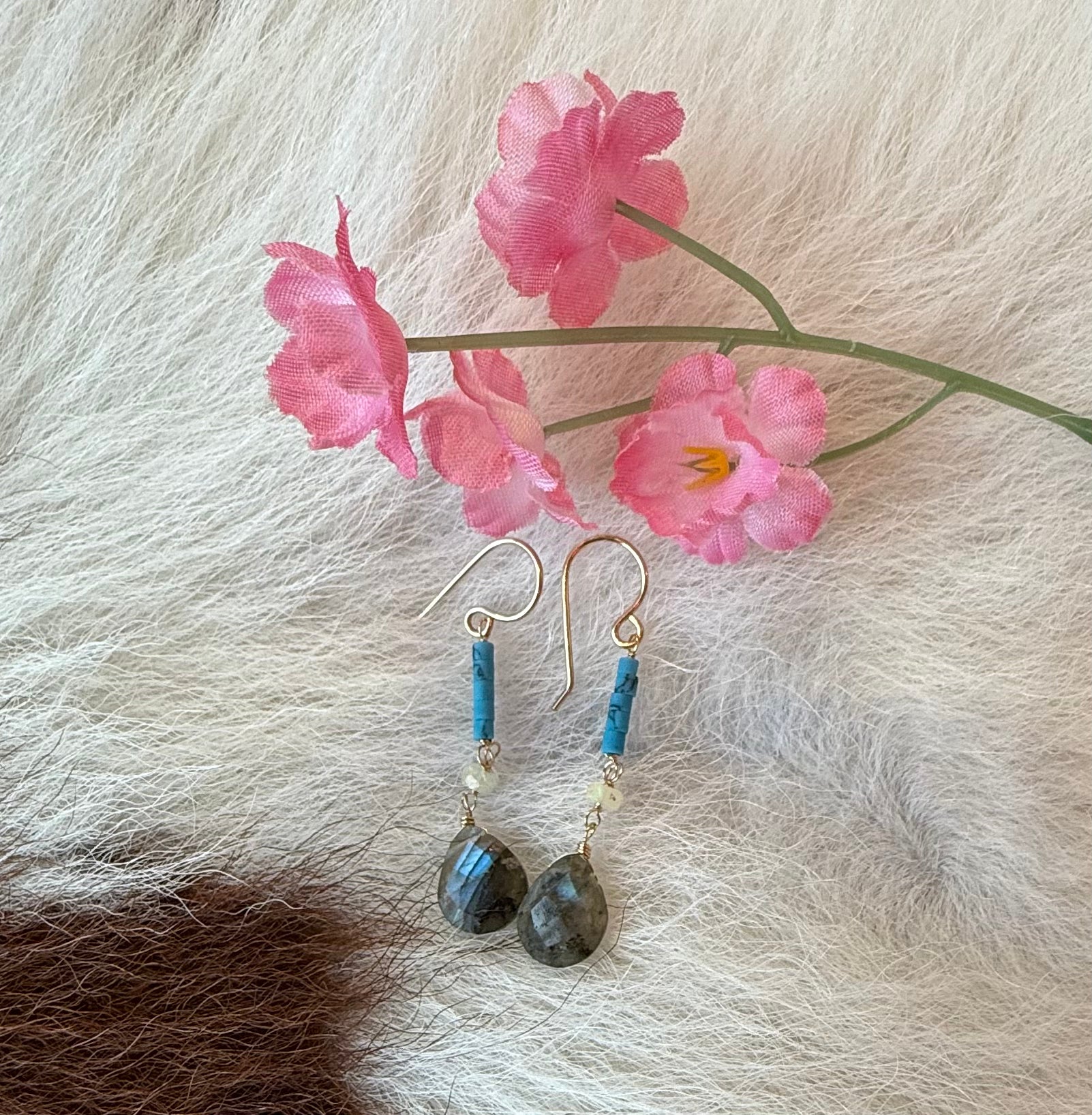 Turquoise Opal and Labradorite Gold Fill Dangle Earring