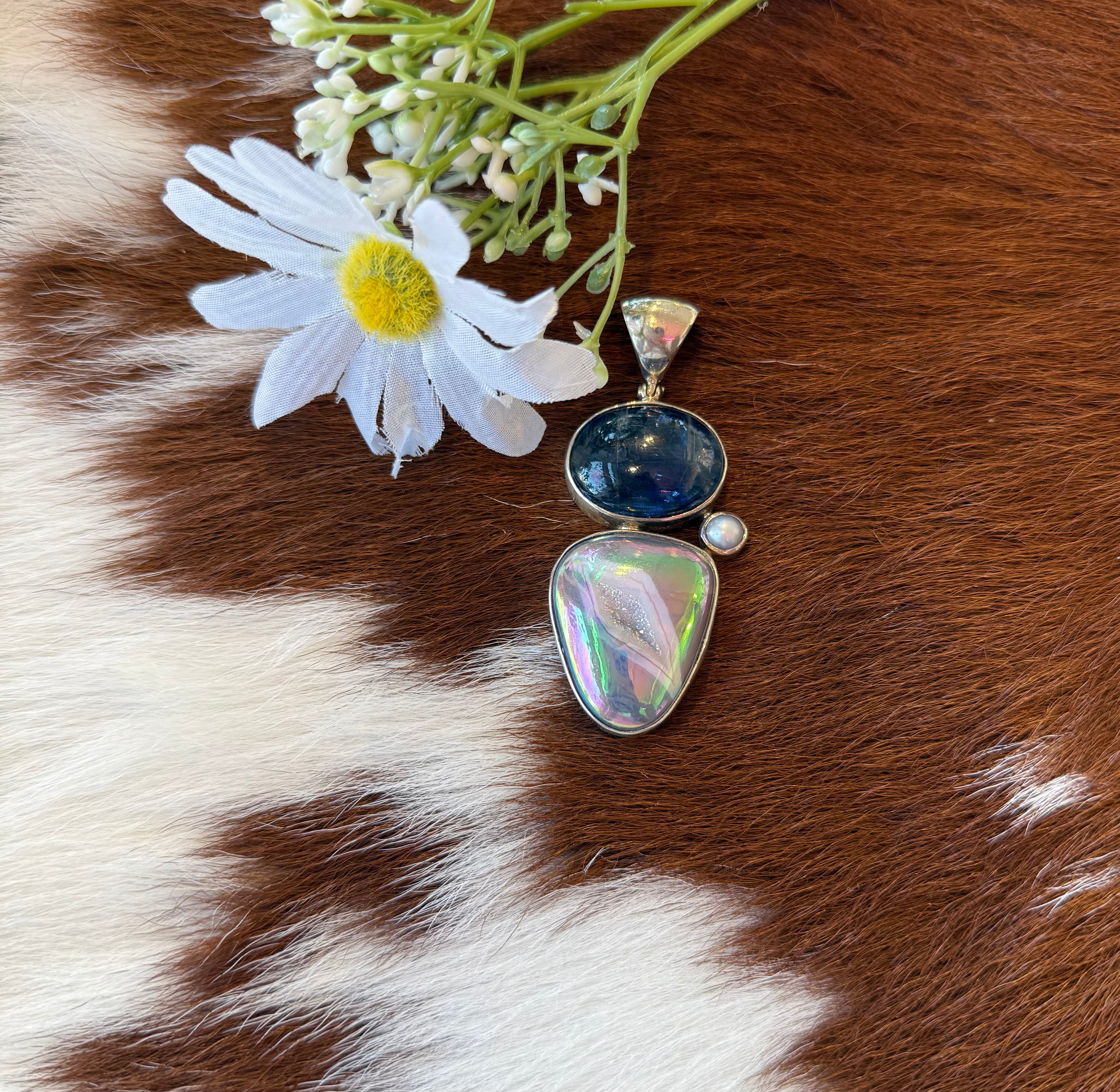 Sterling Silver Kyanite Pearl and Iridescent Druzy Pendant