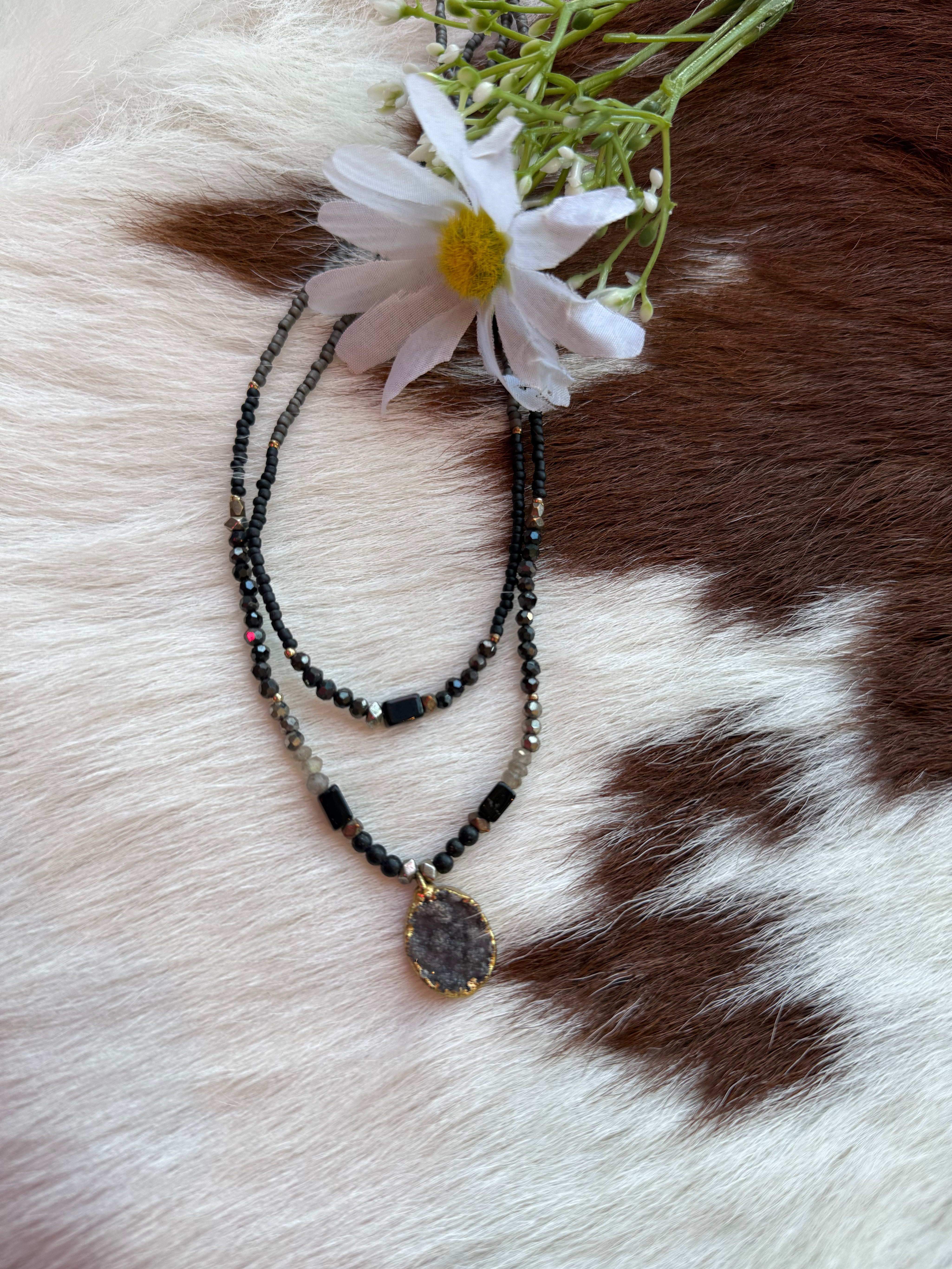 Gold Fill Double Layered Black and Grey Druzy Necklace