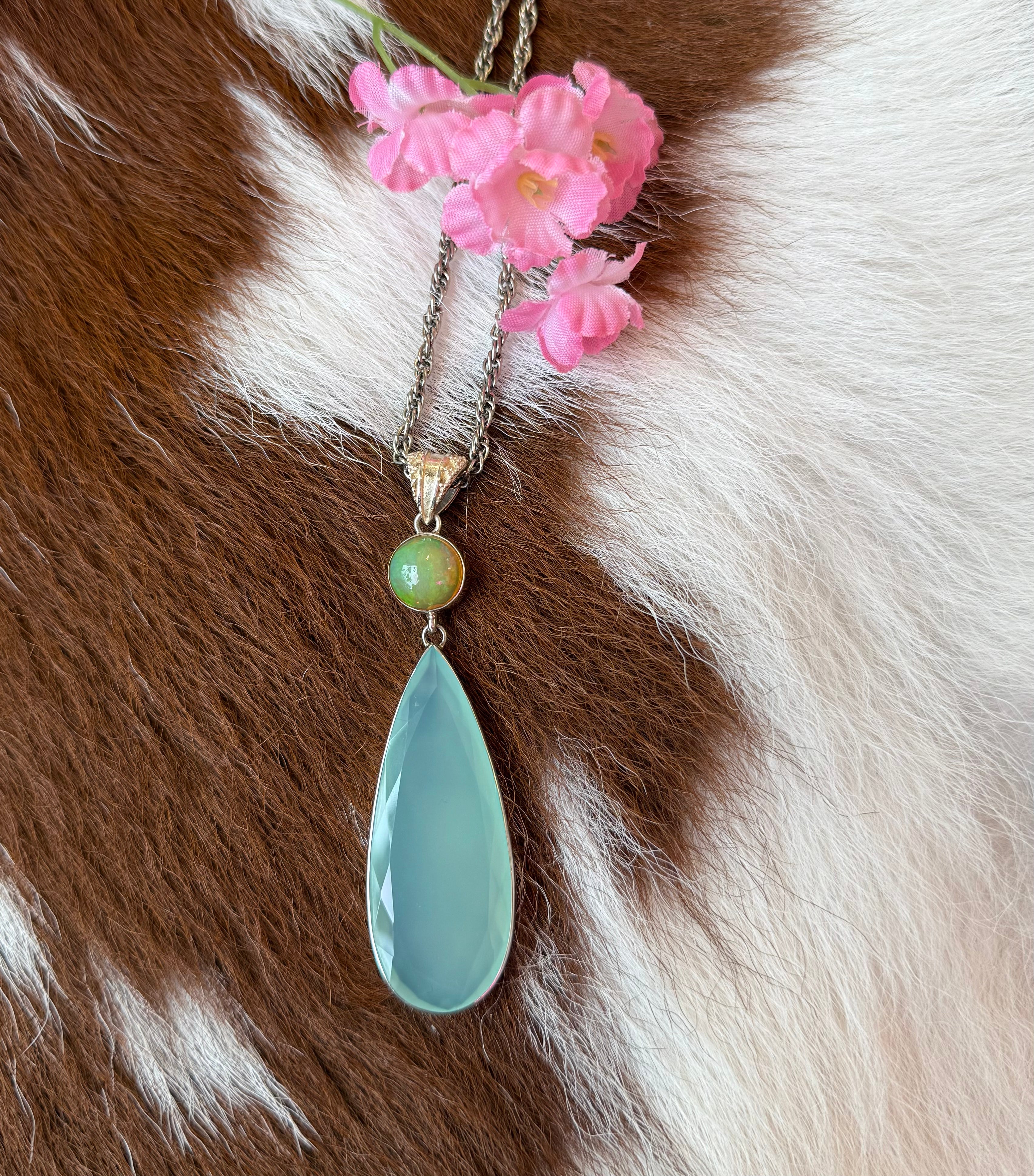Sterling Silver Light Green Chalcedony and Ethiopian Opal Necklace