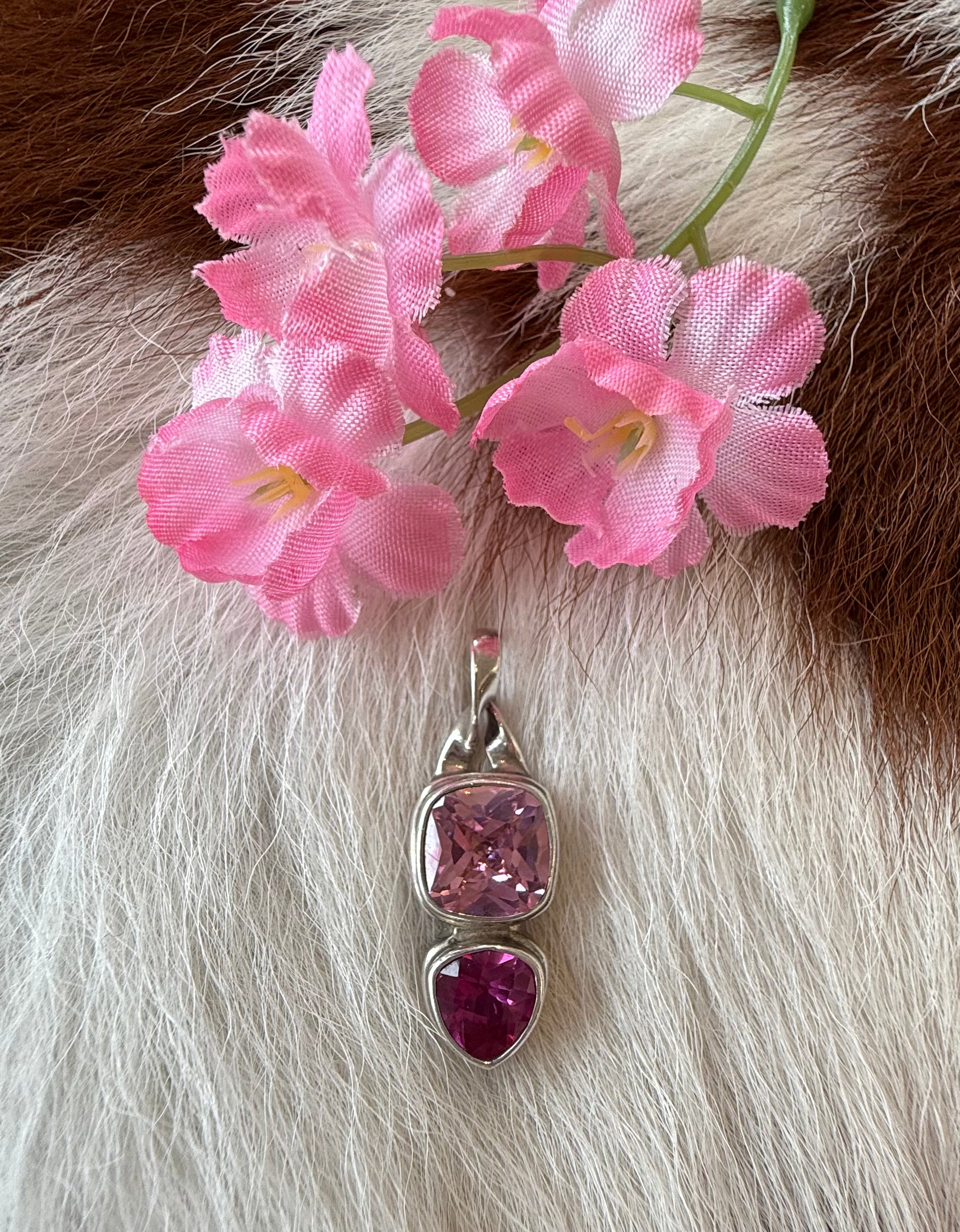 Pink Fluorite  Rhodolite Garnet Silver Pendant