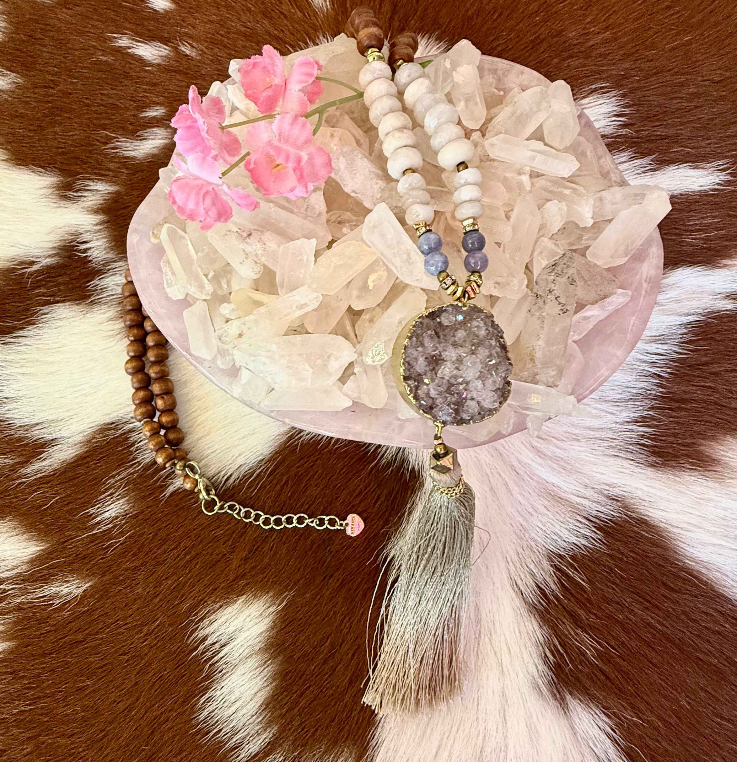 White Quartz Wood and Druzy Mala Beaded Necklace