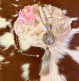 White Quartz Wood and Druzy Mala Beaded Necklace