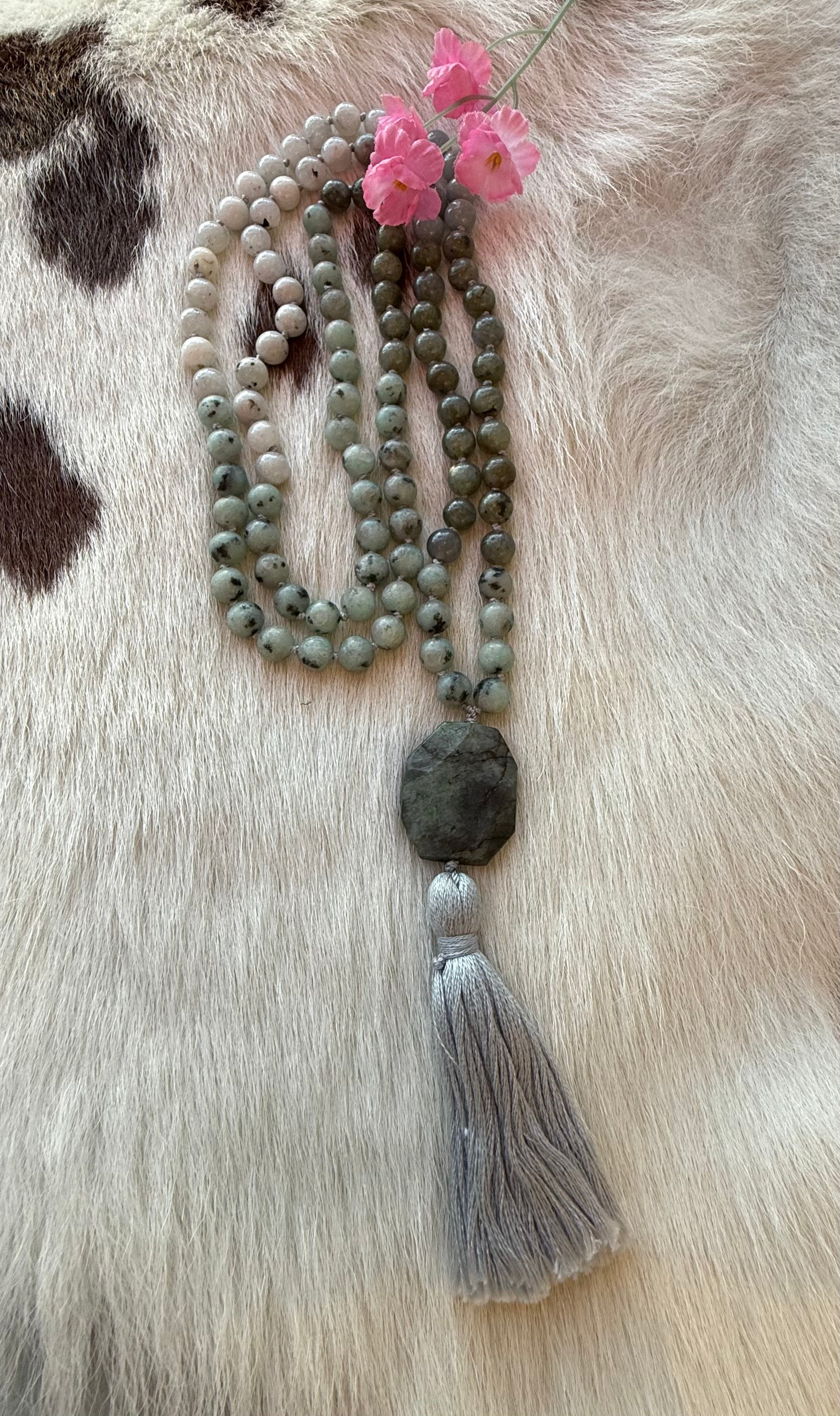 Labradorite, Jade, African Turquoise  Beaded Mala Necklace