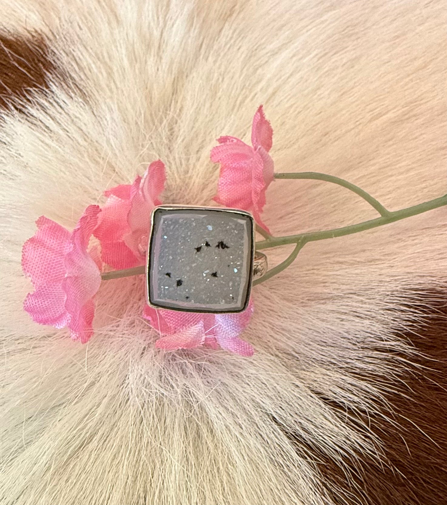 Sterling Silver Druzy Square Silver Ring