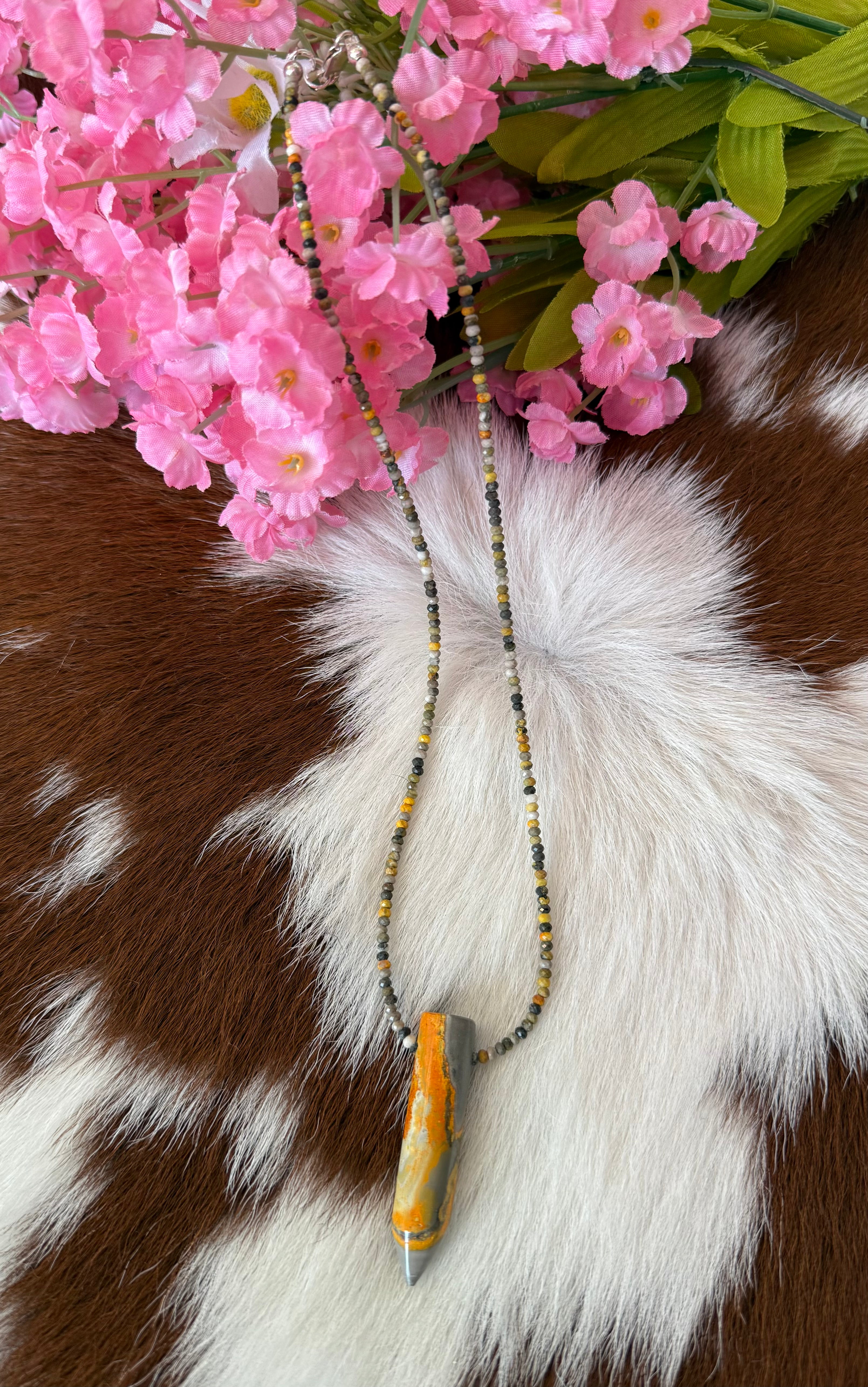 Bumble Bee Jasper Beaded W/Crystal Point Necklace