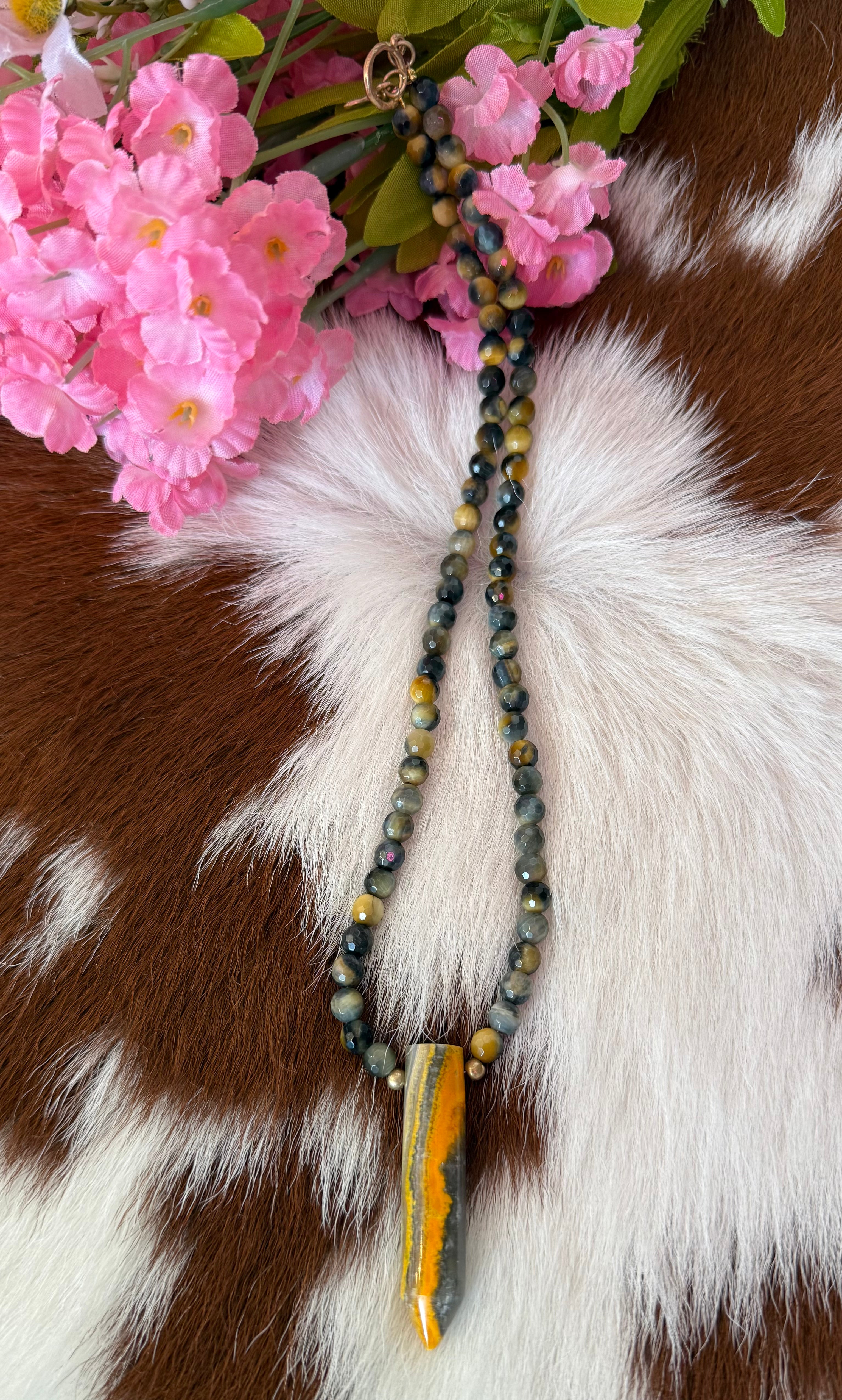 Bumble Bee Jasper Beaded Necklace W/ Crystal Point