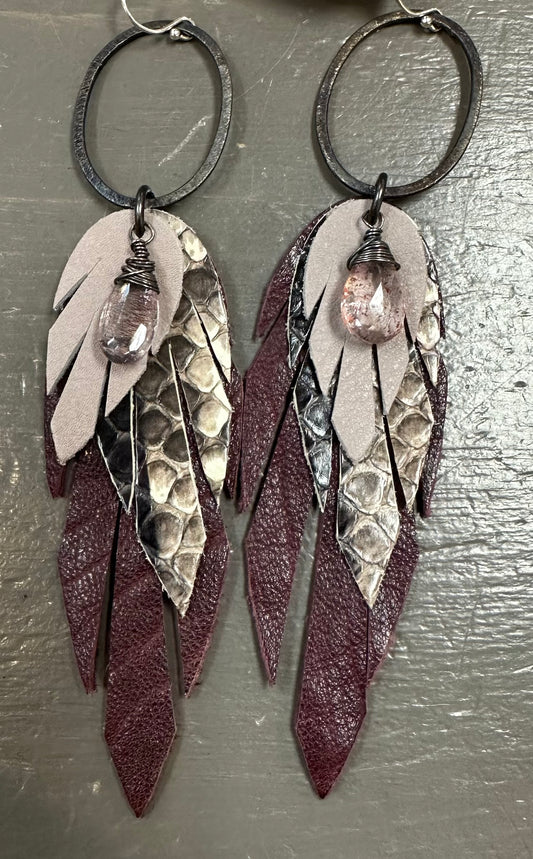 Python Leather Feather Earrings