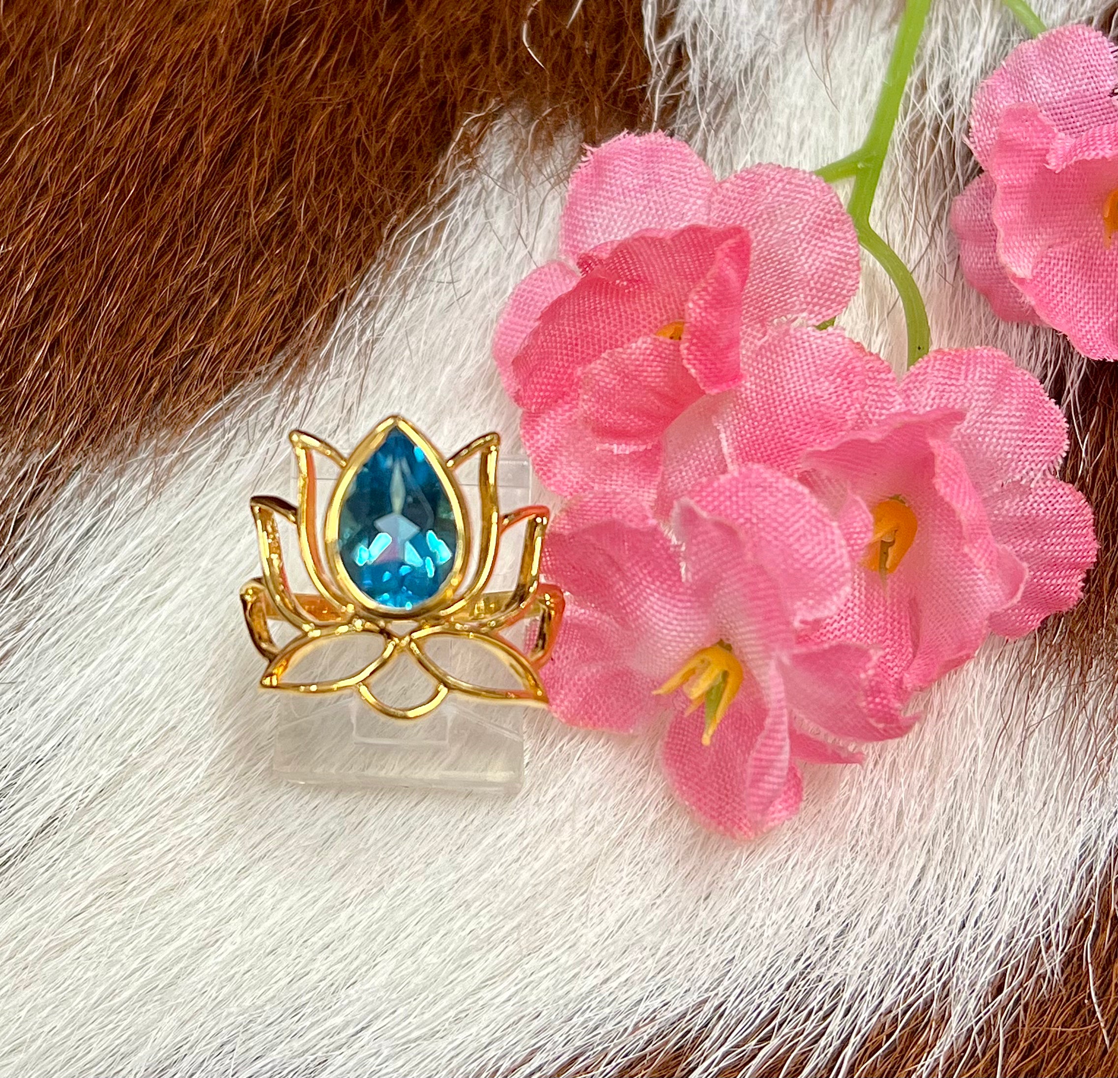 Blue Topaz Gold Fill Lotus Ring