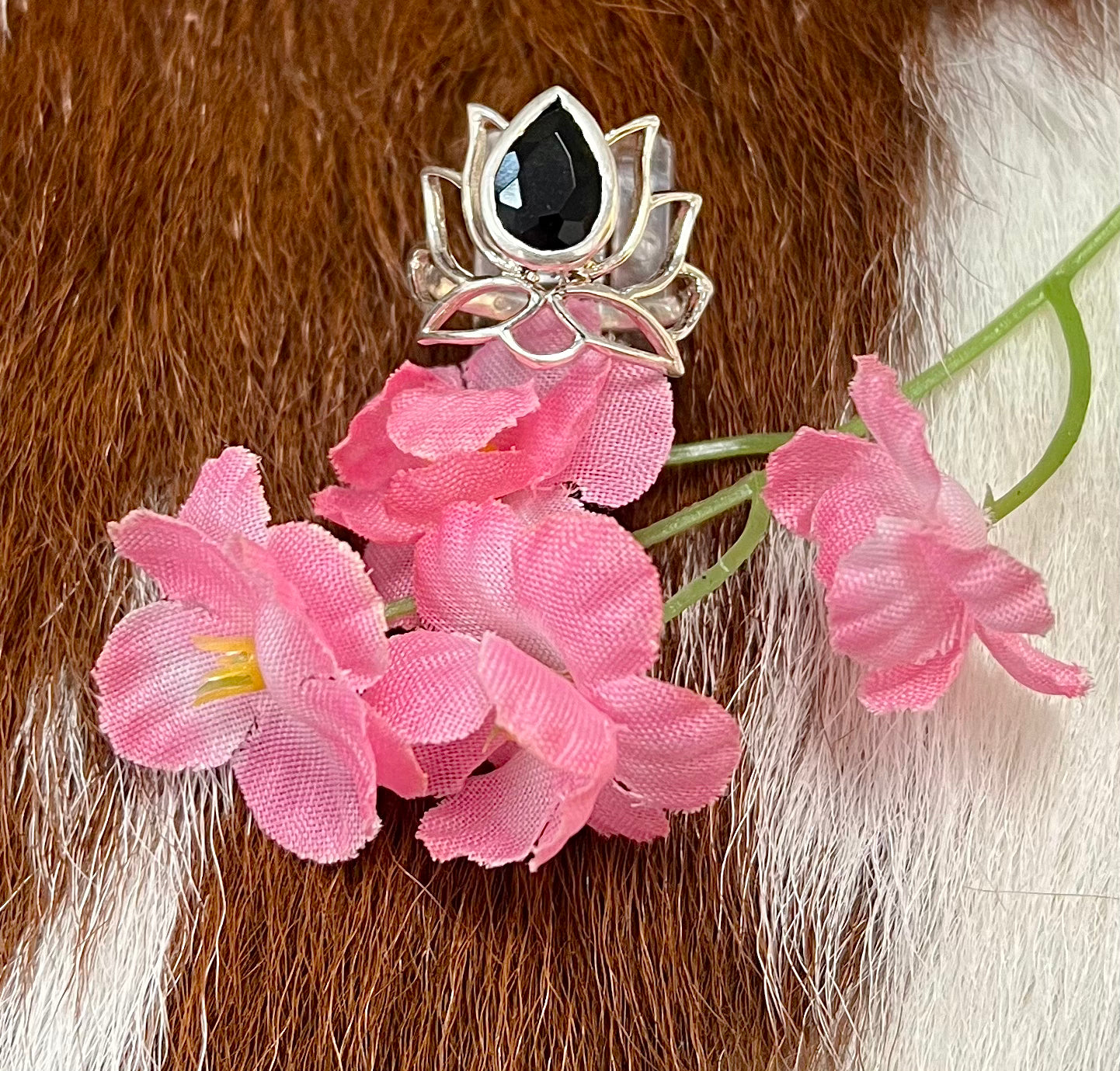 Black Onyx Sterling Silver Lotus Ring