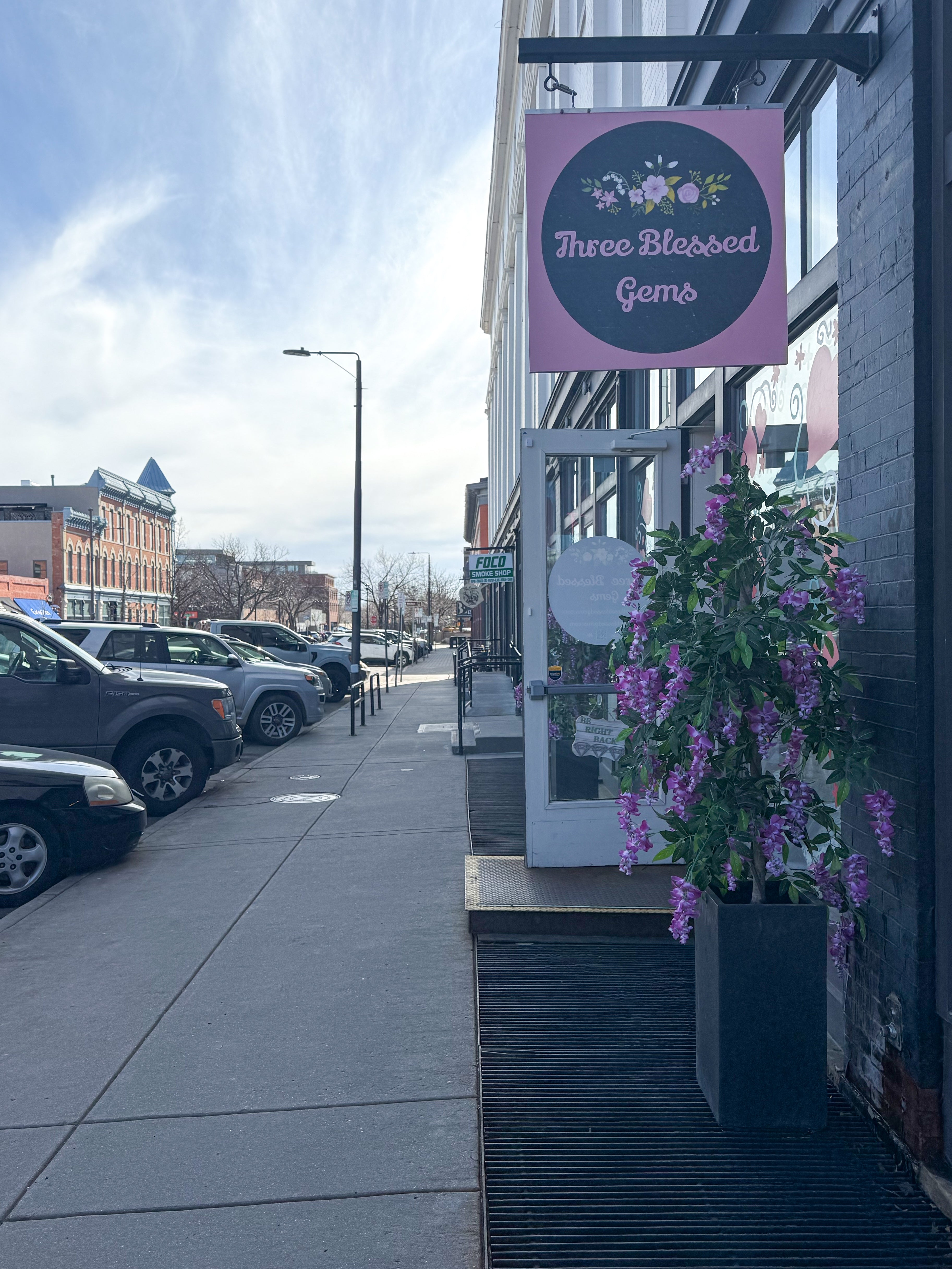 A street-side view of the Three Blessed Gems boutique storefront. The boutique’s pink and black sign with floral accents hangs above the entrance, welcoming customers. A large planter with cascading purple flowers adds charm to the entrance. The background features a lively downtown setting with historic brick buildings, parked cars, and a clear sky, creating a quaint and inviting shopping atmosphere.