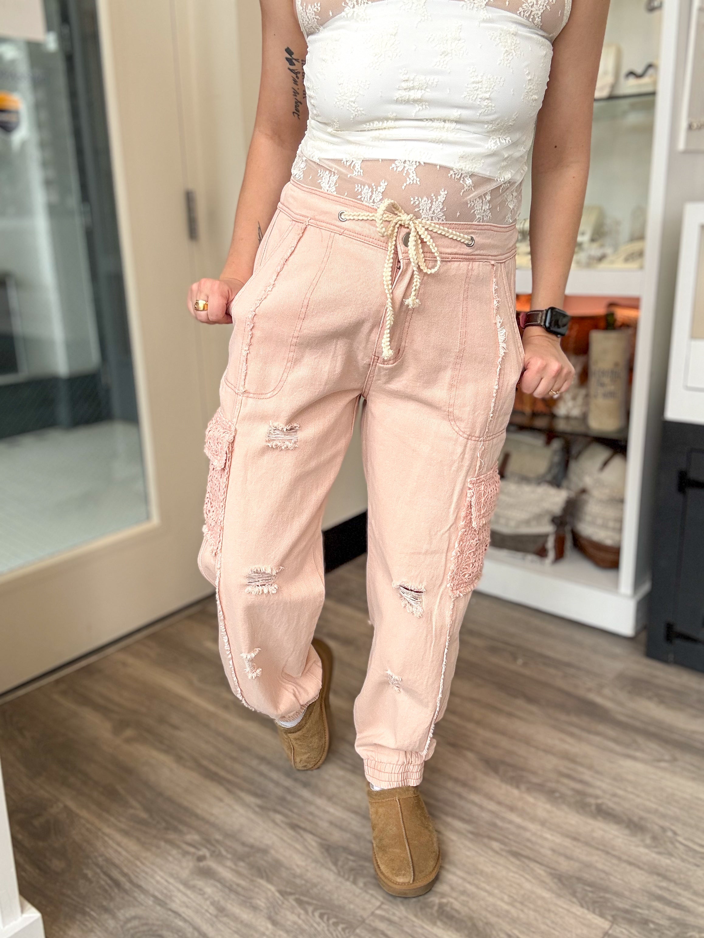 Blush & Bold Distressed Joggers ✨🍾