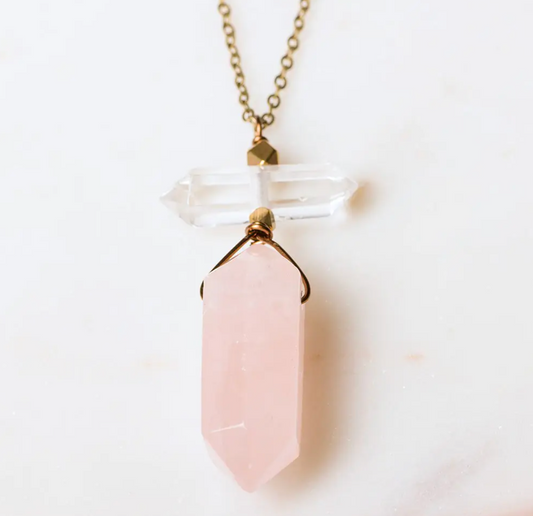 Rose Quartz Clear Quartz Brass Necklace - Premium Necklace from EDGY PETAL - Just $53! Shop now at Three Blessed Gems