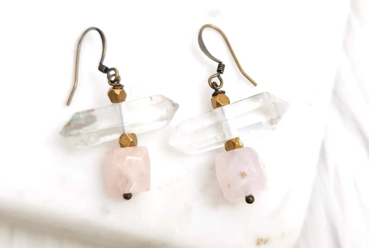 Rose Quartz Clear Quartz Brass Earrings - Premium Earrings from EDGY PETAL - Just $50! Shop now at Three Blessed Gems