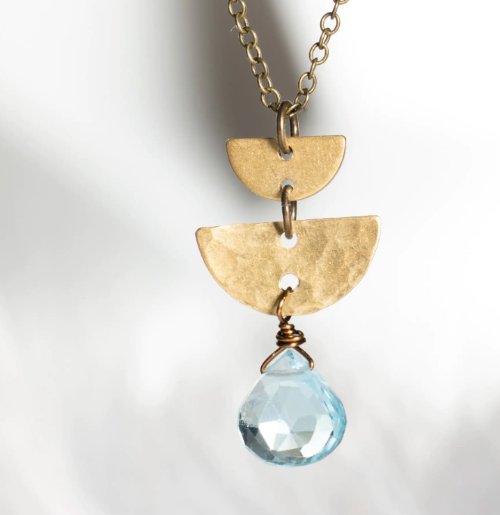 Blue Topaz Half Circle Brass Necklace - Premium Necklace from EDGY PETAL - Just $50! Shop now at Three Blessed Gems