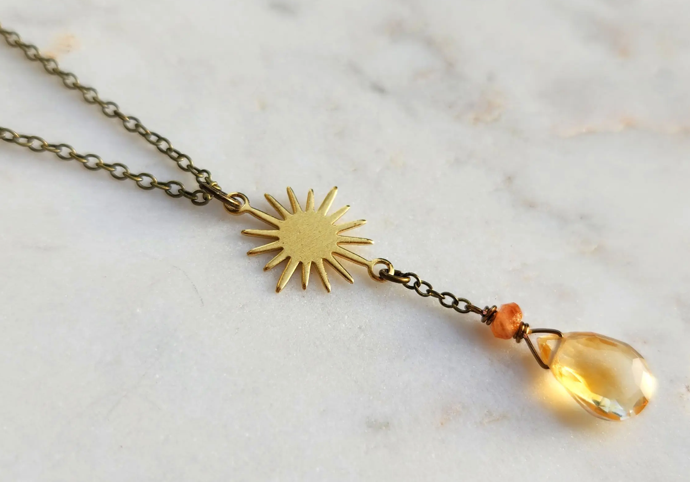 Citrine Sunstone Starburst Brass Necklace