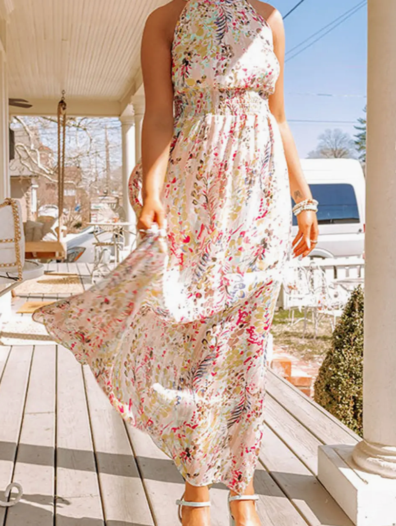 Multicolor Crisscross Back Long Floral Dress