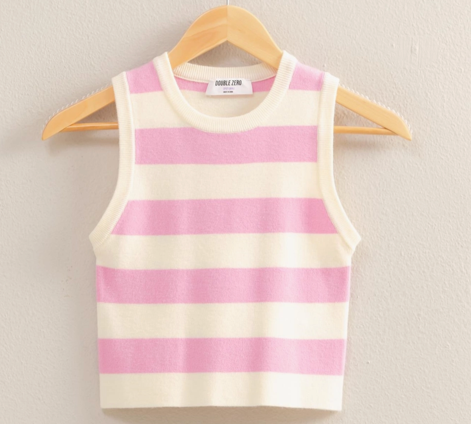 Pastel pink and cream striped sleeveless knit tank top with a cropped fit, ribbed crew neckline, and soft stretchy fabric blend of 50% Rayon, 28% Polyester, and 22% Nylon, perfect for spring and summer fashion.