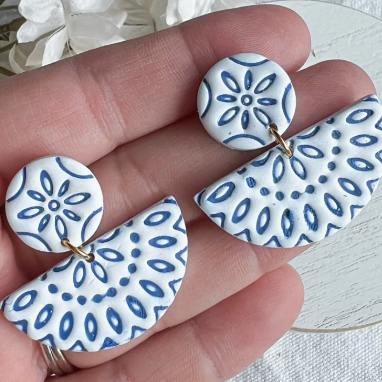 Decorative Embossed Blue Tile Polymer Clay Earring