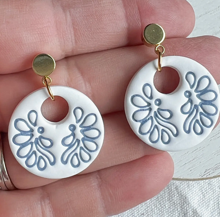 Embossed Blue Leaf Circle Tile Polymer Clay Earring